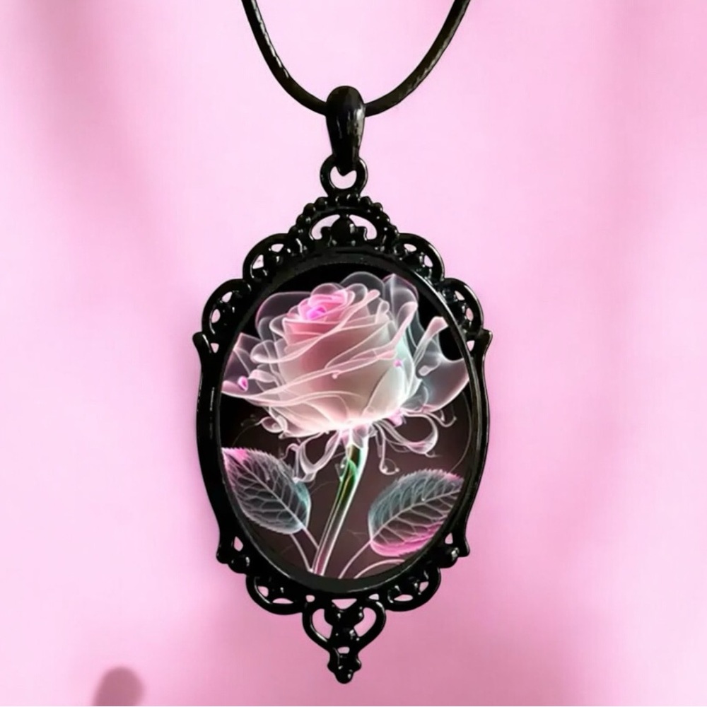 Watercolour Pink Rose pendant necklace. New.